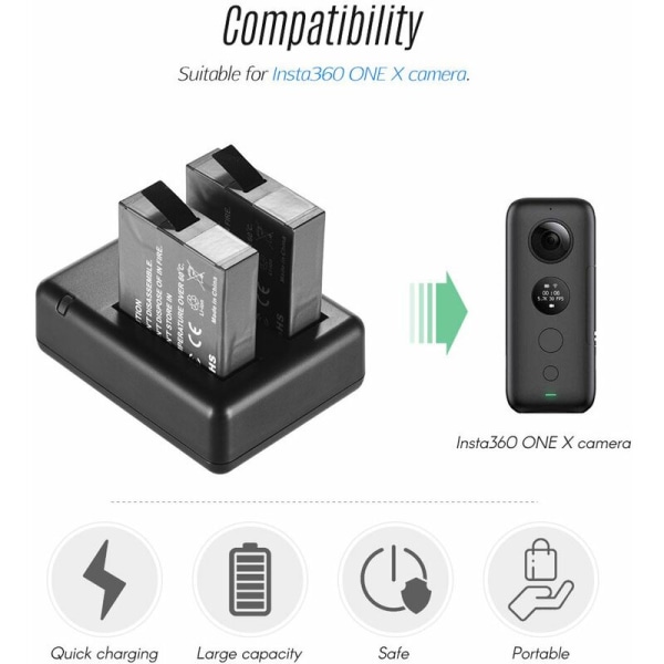 Bärbar batteriladdarsats med dubbla kamera med 2 uppladdningsbara batterier USB -kabellampa för Insta360 one X-kameror, modell: svart