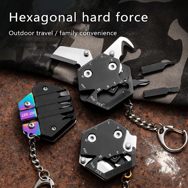 Multifunktionellt mini bärbart hopfällbart verktyg Hexagon myntverktyg Liten ficka nyckelring Hängande nyckelring Utomhus Survival Tool
