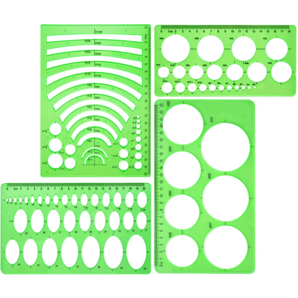 Pakke med 4 Mal Plast Linjal Sirkel Oval Sirkel Radius Tegnemaler
