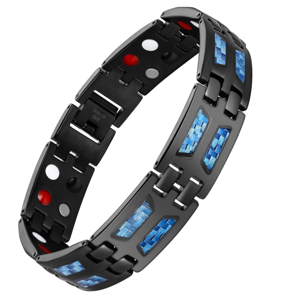 Blått kolfiber titanstål magnetiskt armband för män, dubbla rad starka magneter, storlek justerbart armband