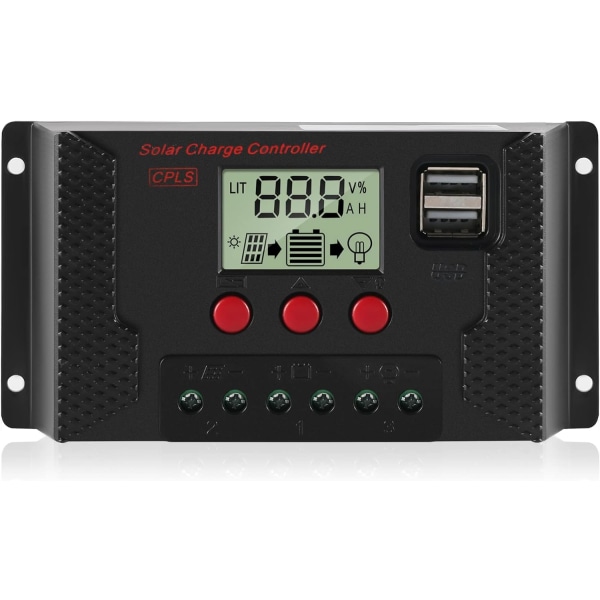AIDUCHO Charge Controller 30A Solpanel Charge Regulator Automatisk identifikation 12V/24V med LCD-skærm og 5V USB-port