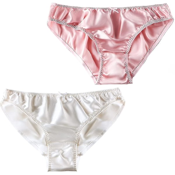 Silke Bikini Truser Sett - 2 stk Silke Satin Undertøy for Kvinner, M, Rosa-Hvit