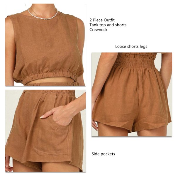 Naisten Pure Color 2-osainen asu Casual Crewneck toppi Ryppyinen korkeavyötäröiset shortsit Setti treffeille Kahvi L