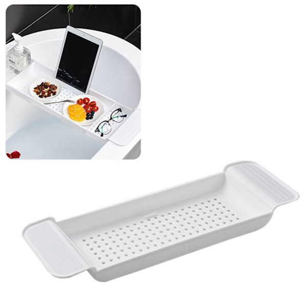Badekarsbakke Stabil placering Udvidbart plastmaterial Dræningsdesign Bath Caddy Badekarsbord til badeværelse Hvid