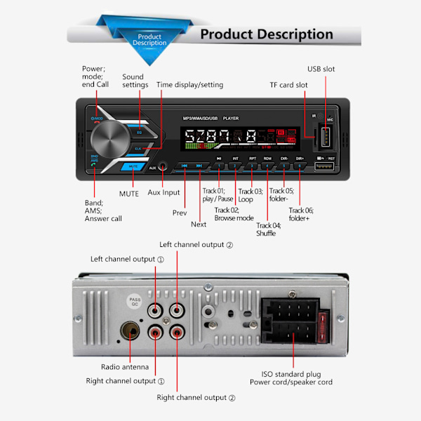 1 Din 12V Auton MP3-soitin Bluetooth-kaiutinvapaalla kädet -auton FM-radio Värikkäät valot Auton MP3-multimediasoitin