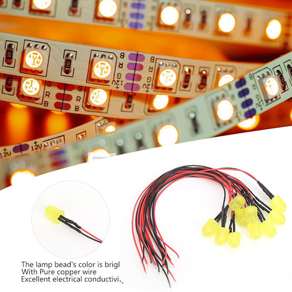 50 STK 12V 0,06W 10mm kromatisk LED-lamppärlor med 20CM 26AWG-ledning för industritillbehör Gul & Gul
