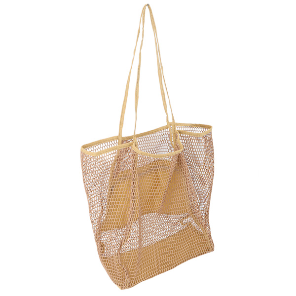 Mesh Strandveske Enkel Stor Kapasitet Flere Lommer Glidelås Håndvevd Strandveske for Reiseutflukt Camping Khaki