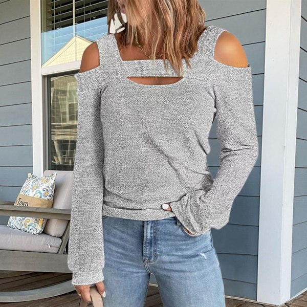 Kvinner kald skuldertopp Cut Out Design Ensfarget Fashionabel Langærmet Bluse for Hjemmekjøp Grå M