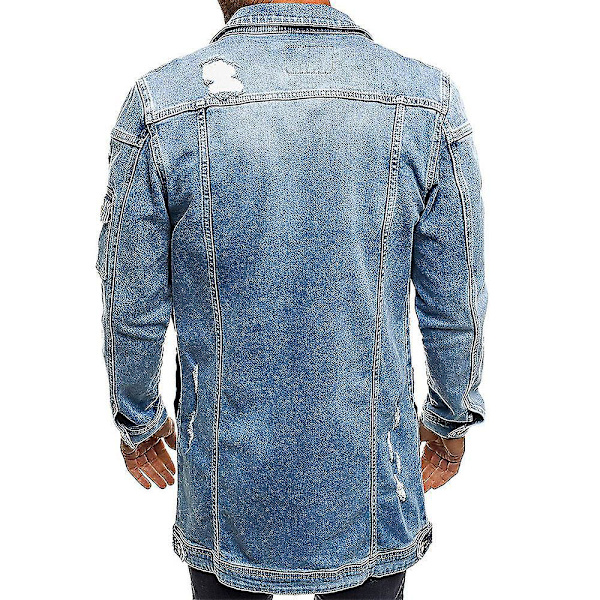 Distressed Denim Shacket med Lommer i Lyseblå - Mænds Langærmet Jakke (Størrelse 2XL)