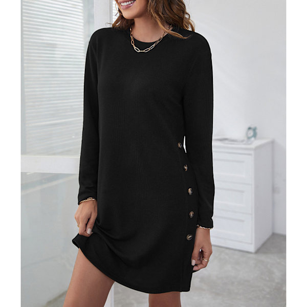 Damekjole Midi One Piece Rund Hals Langærmet Ren Farve Løstsiddende Ret til Hjemmekontor Sort 2XL