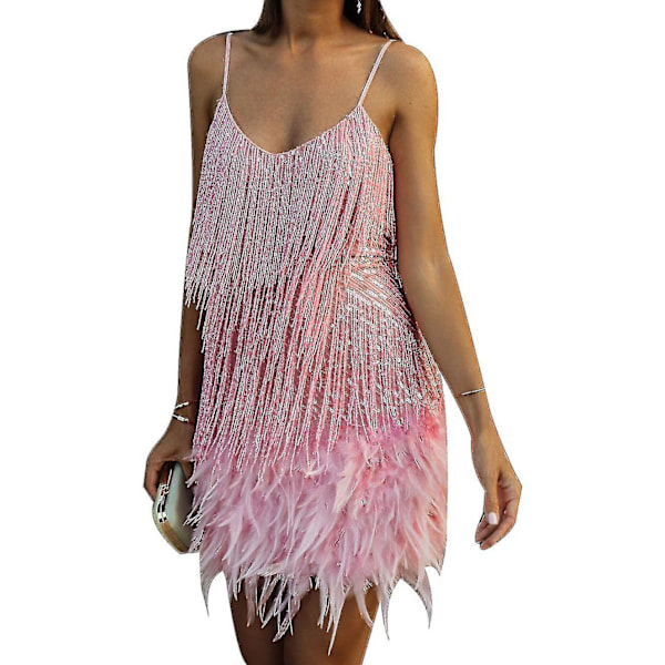 Pink Sequin Fringe Feather Bodycon Dress for Women - Size Small