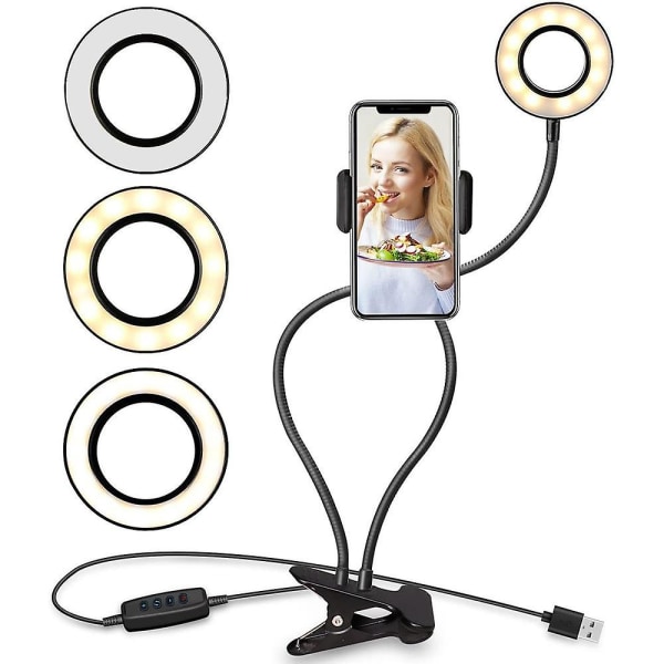 Ringljus med mobilhållare Stativ för livestream/sminkning, led kamerabelysning med flexibla armar kompatibel med alla Iphone-modeller och Android P