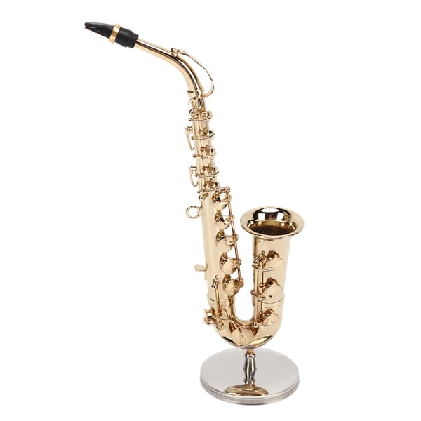 Miniatyr Altsaksofon Replika med Stativ og Etui Mini Saksofon Musikkinstrument Dukkehus Modell Ornament 16 cm