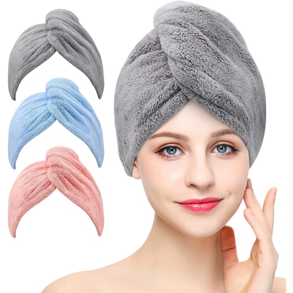 3-paknings superabsorberende tørkehåndklær i mikrofiber med knapper for tørt hår (grå, rosa, blå)