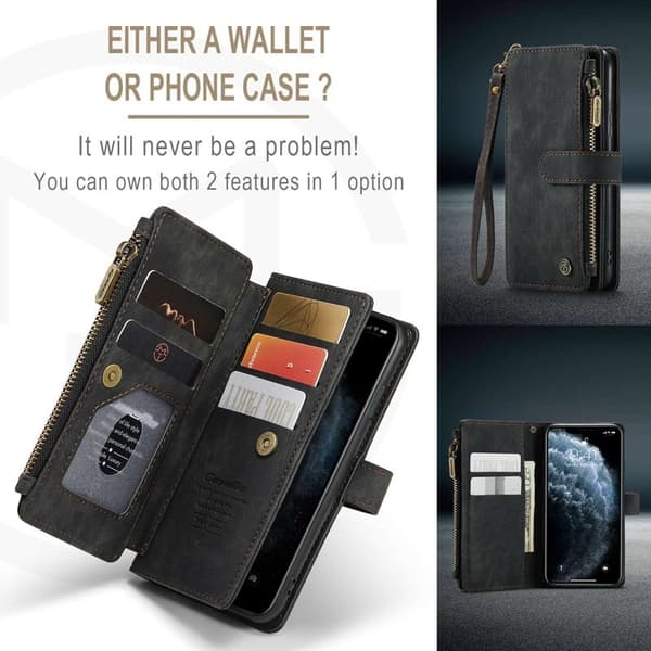 【NX】Pung-etui i kunstlæder kompatibelt med iPhone 11 med rem og flere kort - Sort