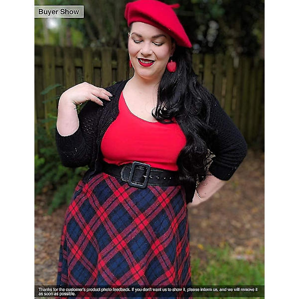 Varmt Tartan Ull Maxi Skjørt for Kvinner, Elastisk Midje, Plus Størrelse, Rød