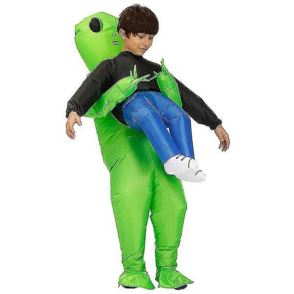 Grøn Alien bærende menneskeligt kostume Oppustelig Sjov Blow Up Suit Cosplay til fest kid