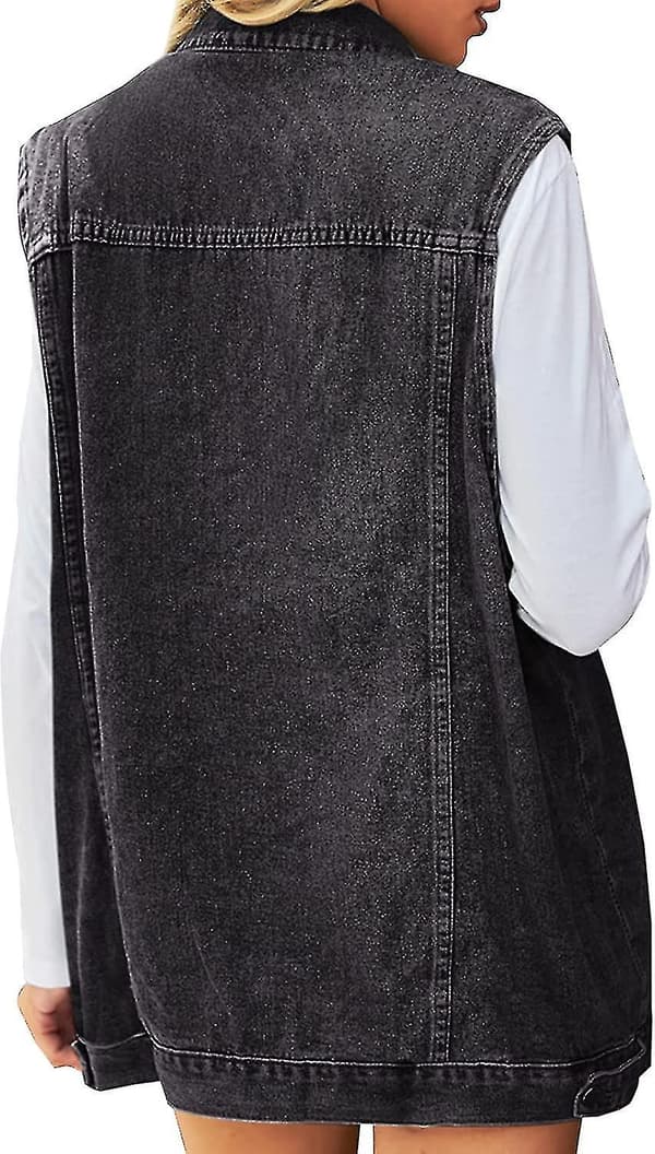 Damjeansjacka Ärmlös Jeansväst med knappar, mellanlång Black Small