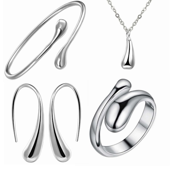 4 st mode vattendroppe örhänge halsband ring armband set silver smycken bröllop födelsedag alla hjärtans dag presenter till flickvän kvinnor fru