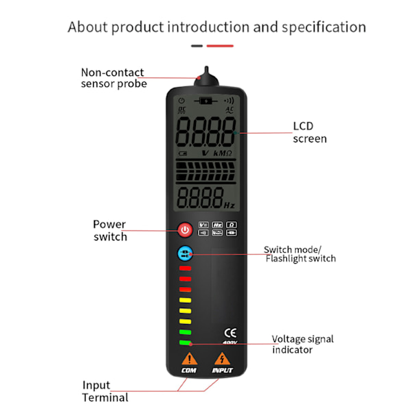 Beröringsfri LCD Digital Dual Mode Smart Multimeter Spänningsdetektor Resistans Frekvenstestare