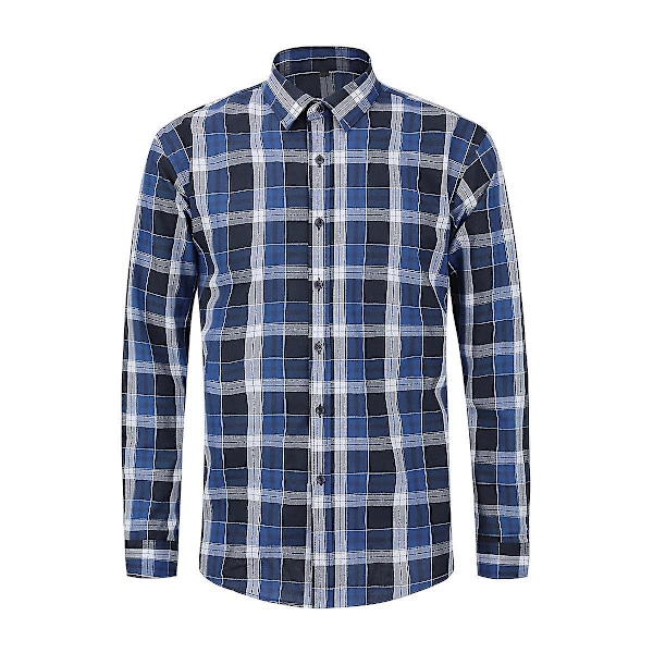 Afslappet Plaid Check Langærmet Skjorte til Mænd i XL - Mørkeblå/Sort/Hvid