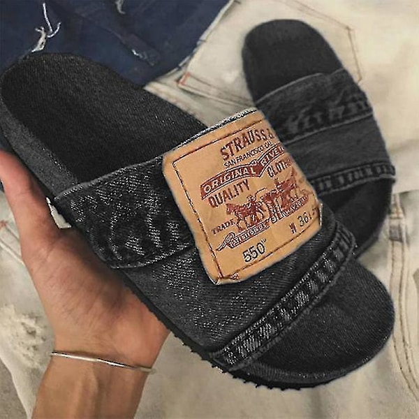 Stilige Håndlavede Denim Slides Tøfler lavet af Genbrugte Jeans til Kvinder, Sort, Størrelse 37