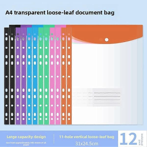 Plastkuvert Pärmficka 11 hål Expanderbara pärmmappar för 2/3/4 ringar Dokumentficka med tryckknapp och etikett Lösblad Transparent 12pcs