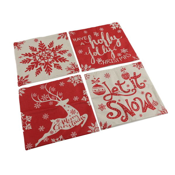 4 stk. Juleputetrekk 45x45cm Hjort Snøfnugg Snømann Komfortable Myke Lin Juleputetrekk til Hjem Sofa 01