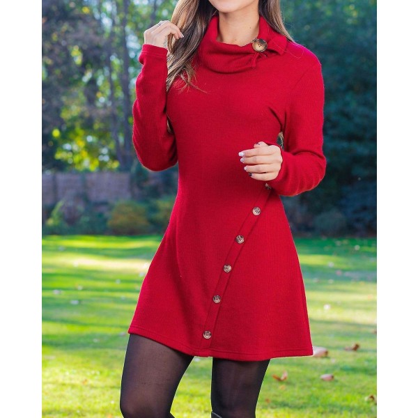 2023 Høst/vinter Ny Button Sexy Wrap Hip Dress Langermet kjole Red L