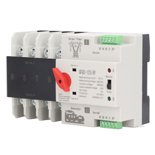 4P Automatisk Overføringsafbryder 35 mm Skinnemonteret Dual Power Generator Switchover Switch AC400V 125A
