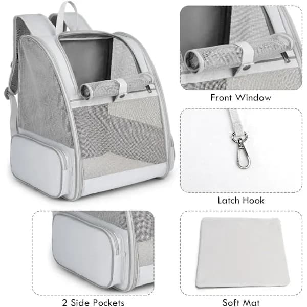 Cat Backpack, Large Pet Backpack with Feather Cat Toy Compatible with Medium Small Dog, Cat, Puppy, Kitten, Rabbit up to 7 kg (Grey)