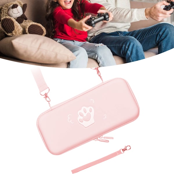 Söt Cat Paw Bärväska PU-läder hårt skyddande skydd med axelrem och handrep för Switch Game Console Lovely Pink