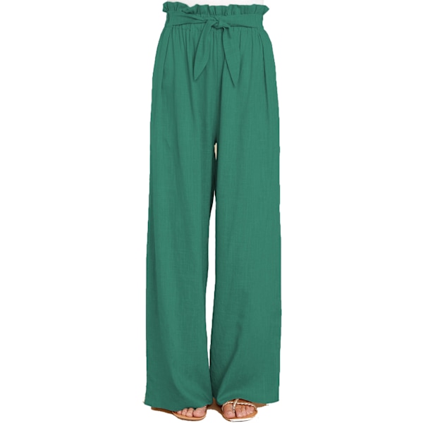 Løse bukser Vilde ben Høj talje elastisk taljebånd Sidelomme Flowy Slacks Bindende bælte Alsidig til kvinder Grøn L