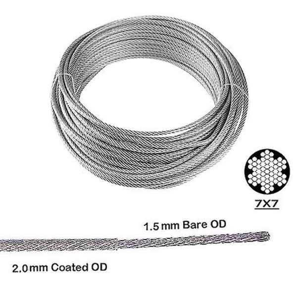 Hagetråd 30m/2mm rustfritt stål ståltausett Trådstrammer Gjerde Rullkabelrekkverk Pvc-belagt metallkabel