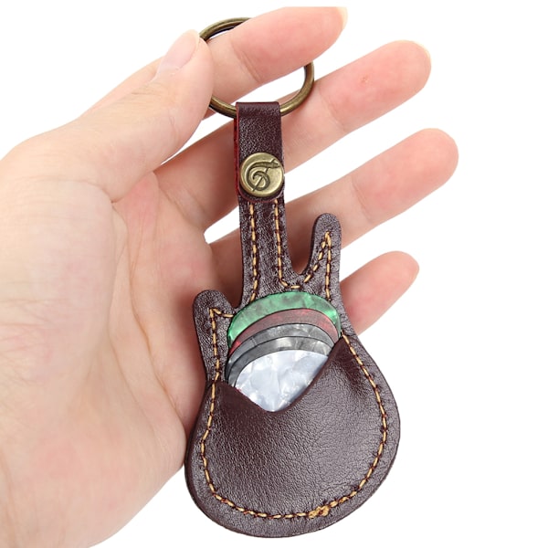 Bærbar læder messing guitar pick etui ærmeholder inklusive pick tilbehør (brun)