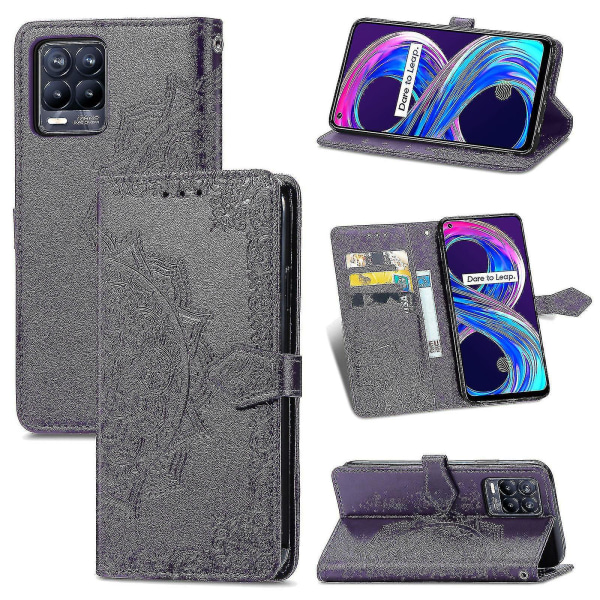 Realme 8 4g Case Nahkainen Lompakon Cover Kohokuvioitu Mandala Magneettinen Flip Protection Iskunkestävä - Violetti