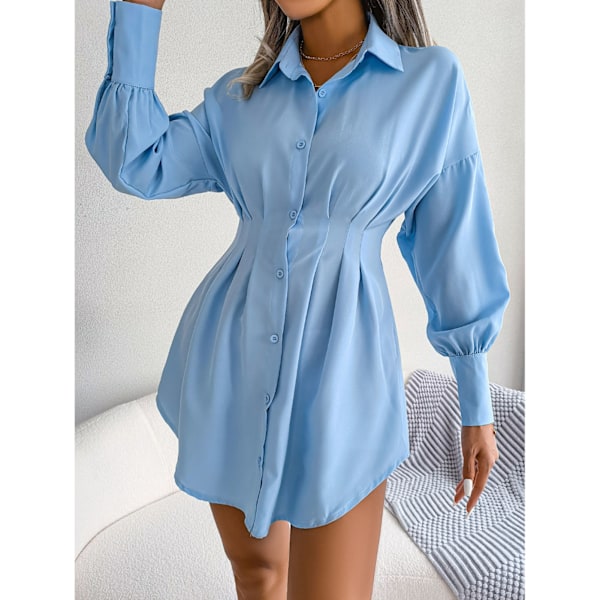 Miniskjortklänning Polyesterfiberveckad midja asymmetrisk slaget krage Button Down-klänning Blå XL
