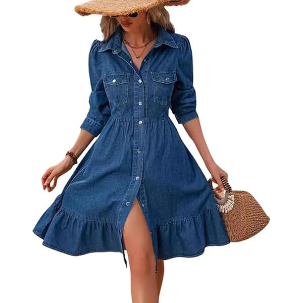 【NX】Kvinnors Flowy Denimklänning, Swing Ruffle Klänning XL