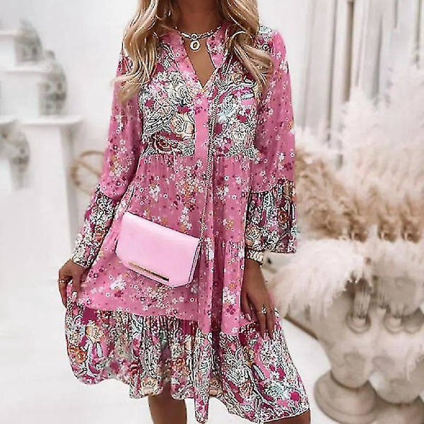 Blomsterprint Langærmet Tunika Kjole - Pink, Kvinders Sommer Casual Mini Kjole