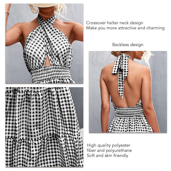 Damsommerkjole Backless Crossover Halter Neck Ærmeløs Maxikjole til hverdagsort Brug Sort Tartan L