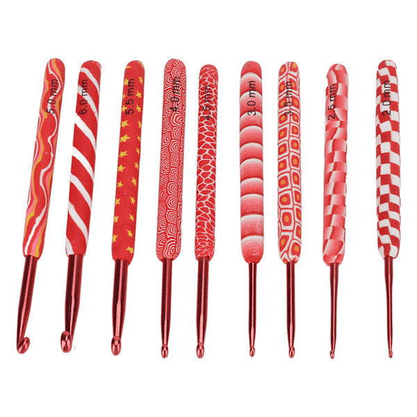 9 st virknålar differentierbara storlekar Rött handtag Ergonomiskt grepp Aluminiummaterial Stickstickor Set