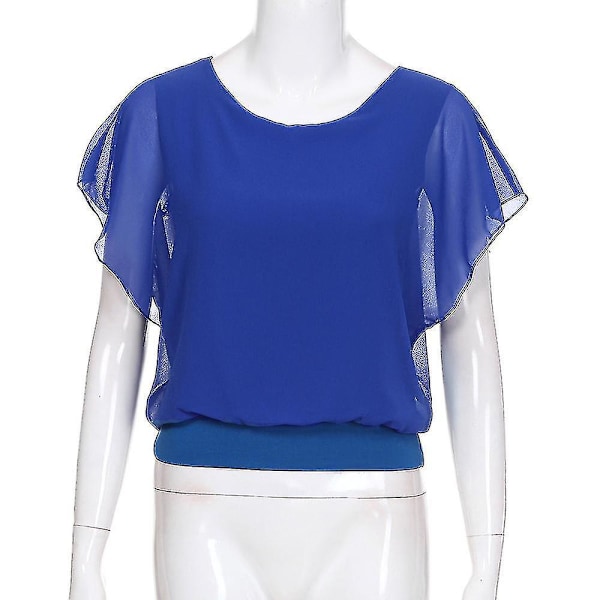 Avslappnad lös fladdermusärm chiffong topp t-shirt blus för kvinnor blå M