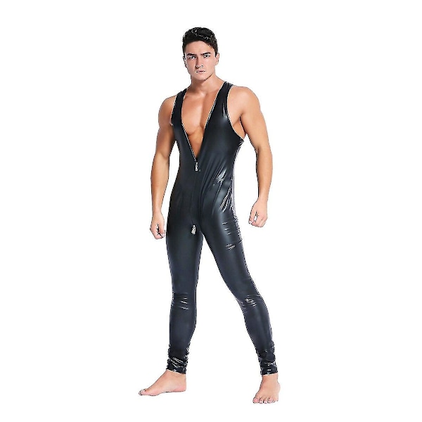 Sexy Svart Skinnende Lær Catsuit for Menn - Hot Glidelås Åpen Skritt Jumpsuit XXXL