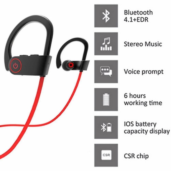 Bluetooth-hodetelefoner Vanntette trådløse sportsøreplugger-svarte Rød