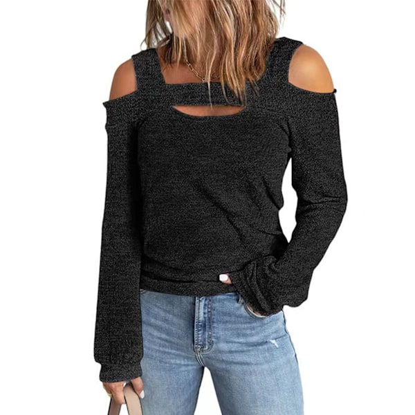 Kvinner Kald Skulder Topp Cut Out Design Ensfarget Fashionabel Langærmet Bluse for Hjemmekjøp Svart L