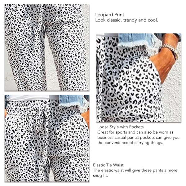 Damebukser Leopardprint Elastisk Talje Løse Casual Loungebryller med Lommer Hvid S