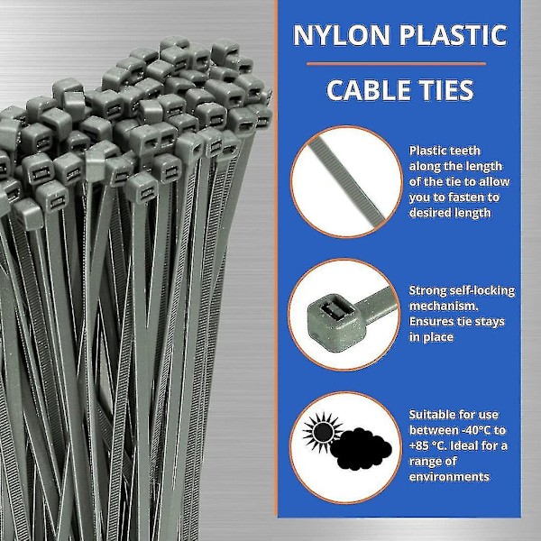 Långa silverkabelband - 100-pack (370 mm x 4,8 mm) - Premium nylonblixtlås