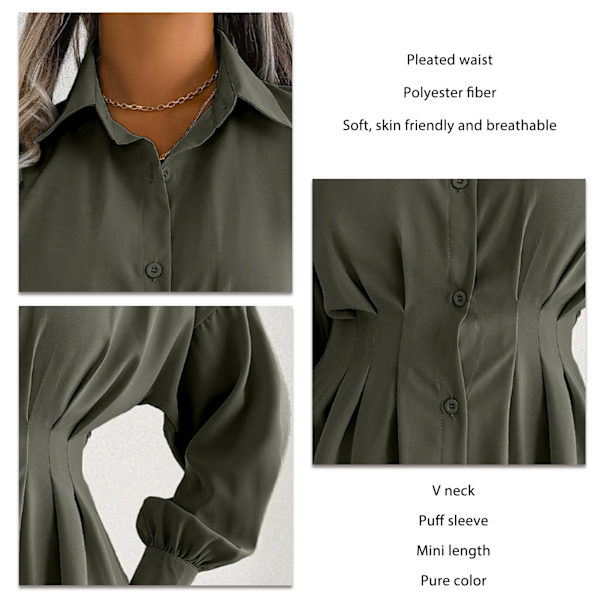 Miniskjortaklänning Polyesterfiberveckad midja asymmetrisk kappkrage Button Down-klänning OD Grön S