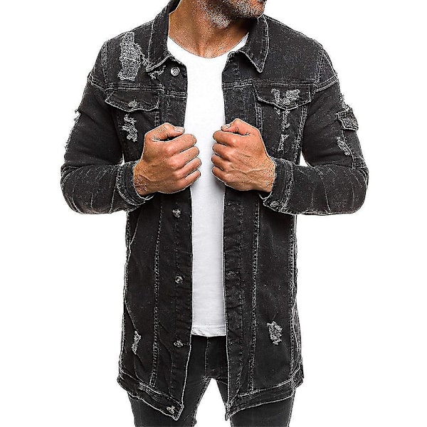 Svart XL Herre Langærmet Distressed Denimjakke med Lommer