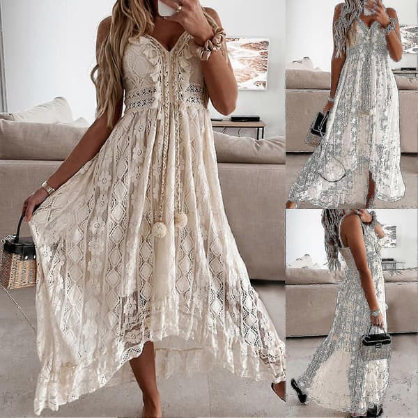 Damklänning Spets Stor Fåll Sommar Elegant Spaghetti Strap Midi-klänning För Fest White S
